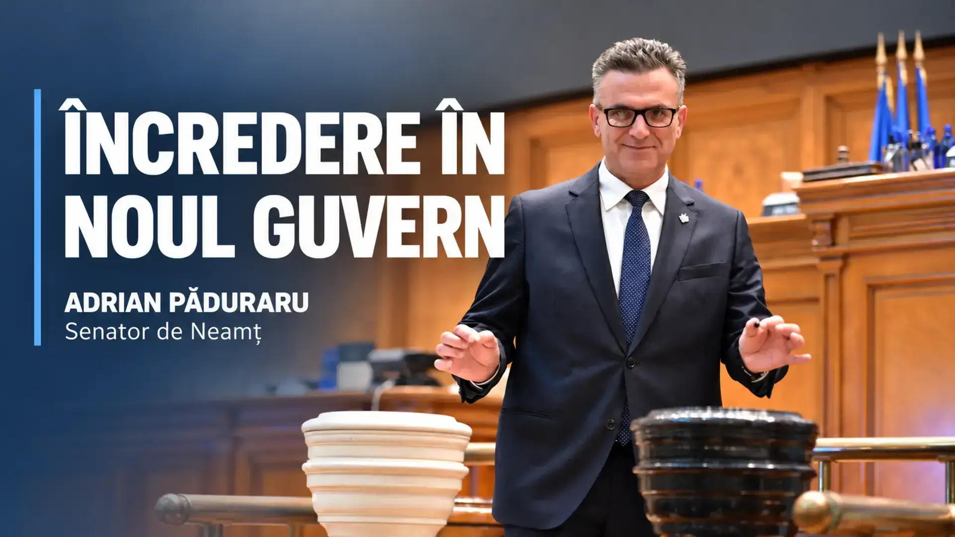 Adrian Păduraru în sala Parlamentului, pe coperta despre încrederea în noul Guvern