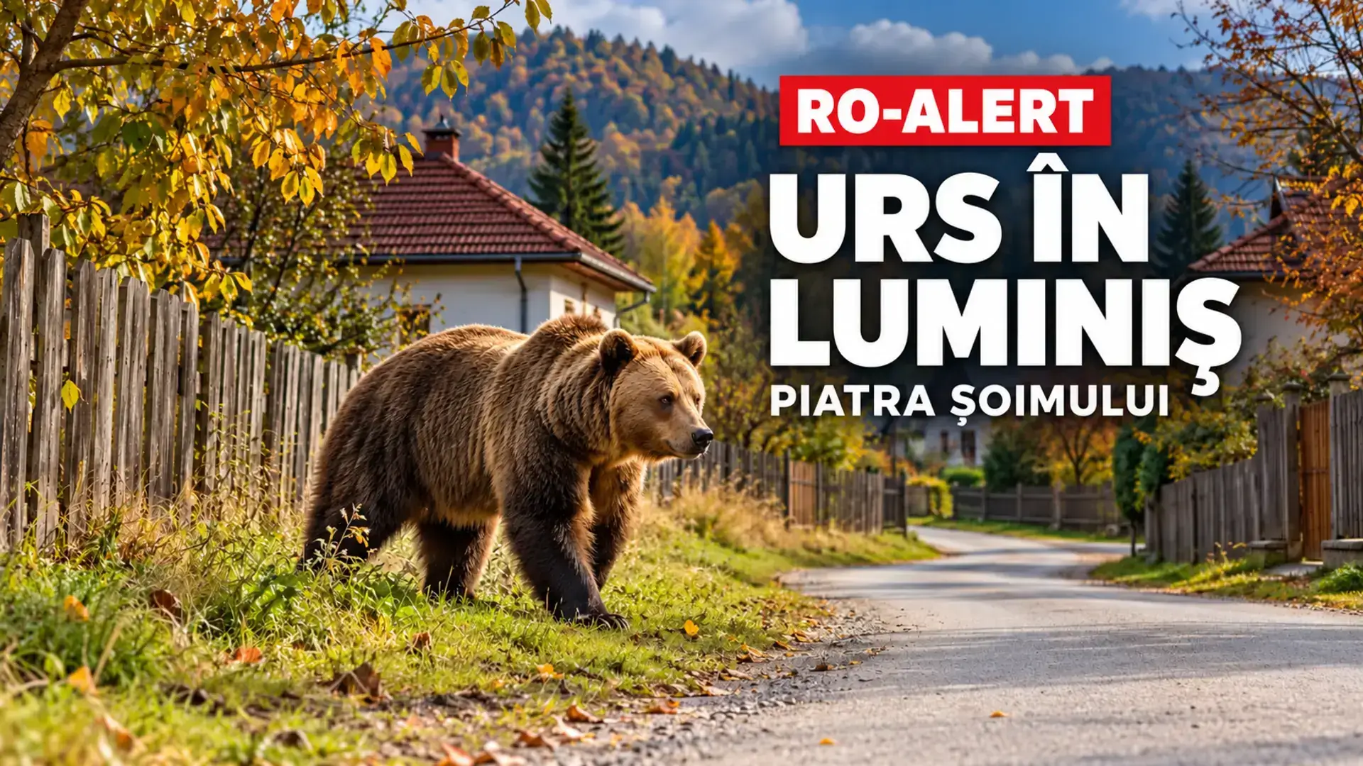 Fotografie sugestivă cu un urs la marginea unui sat și textul RO-ALERT: urs în Luminiș, Piatra Șoimului.
