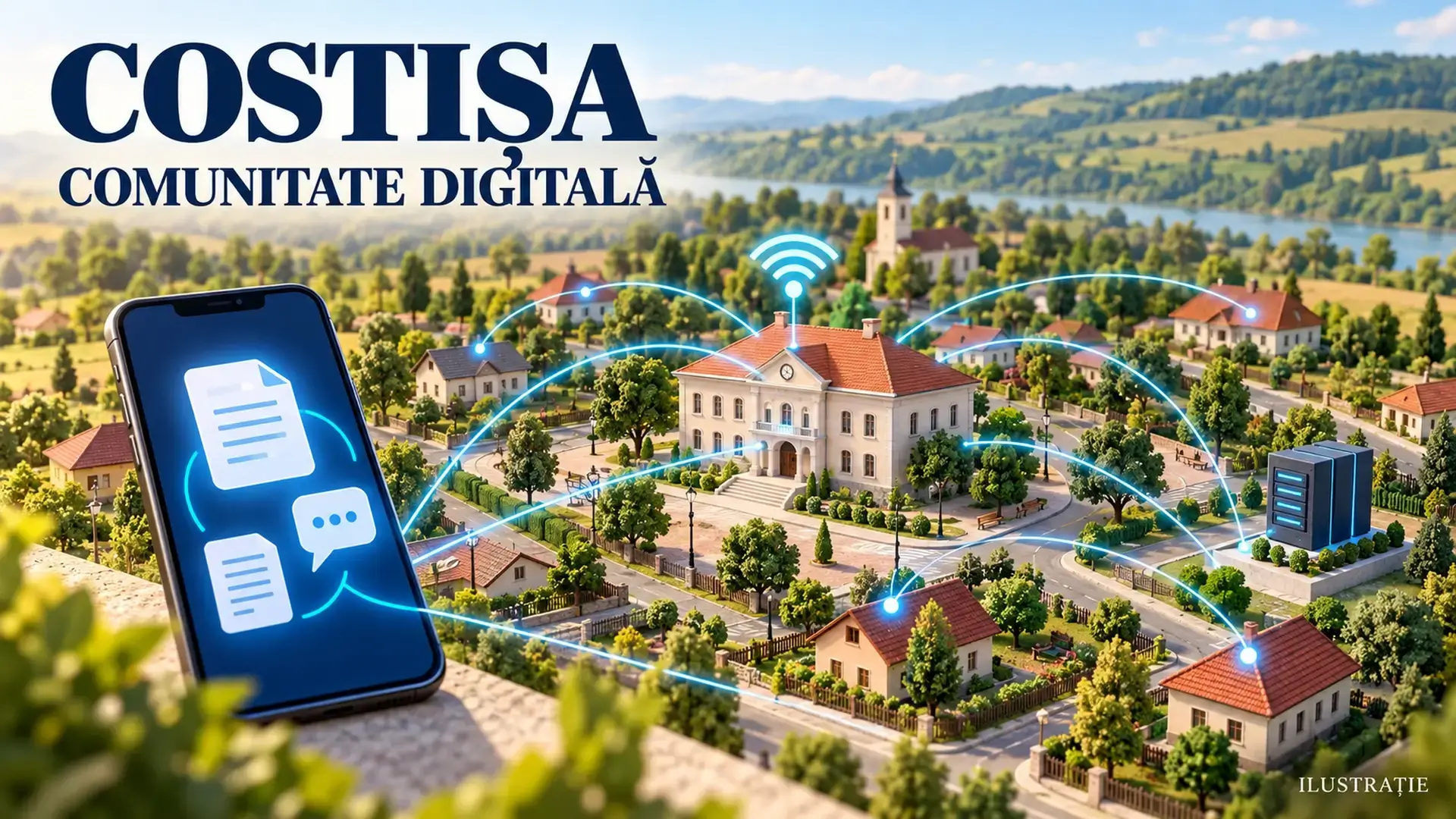Ilustrație despre digitalizarea comunei Costișa, cu o primărie simbolică, un telefon și conexiuni digitale între clădiri