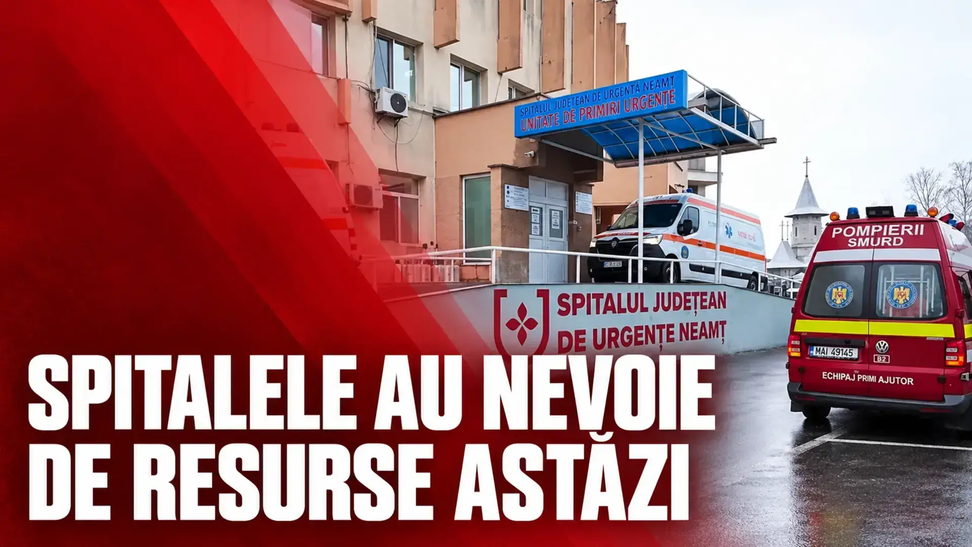 Copertă roșie cu fotografia spitalului și mesajul „SPITALELE AU NEVOIE DE RESURSE ASTĂZI”