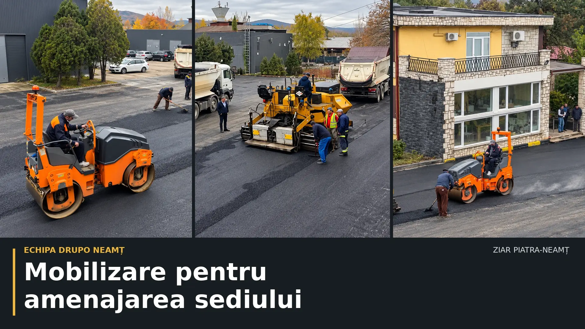 Colaj ilustrativ cu lucrările de asfaltare din curtea DRUPO Neamț, realizat din imagini cu perspectiva modificată; Mobilizare pentru amenajarea sediului.