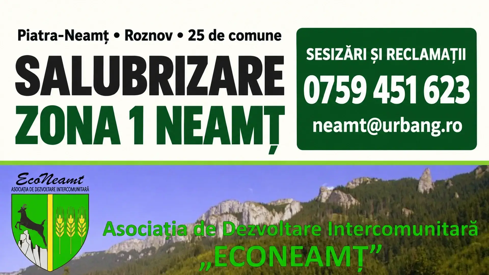 Copertă ECONEAMȚ cu telefonul și adresa de e-mail pentru sesizări privind salubrizarea în Zona 1 Neamț