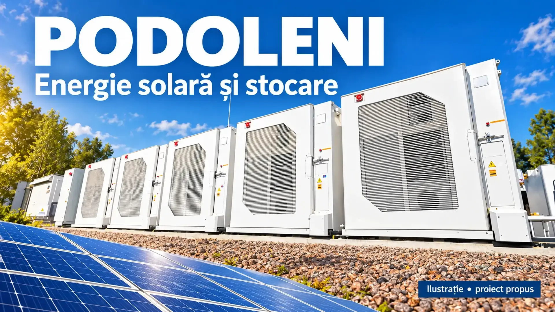 Ilustrație cu baterii de stocare și panouri fotovoltaice pentru proiectul propus în comuna Podoleni.