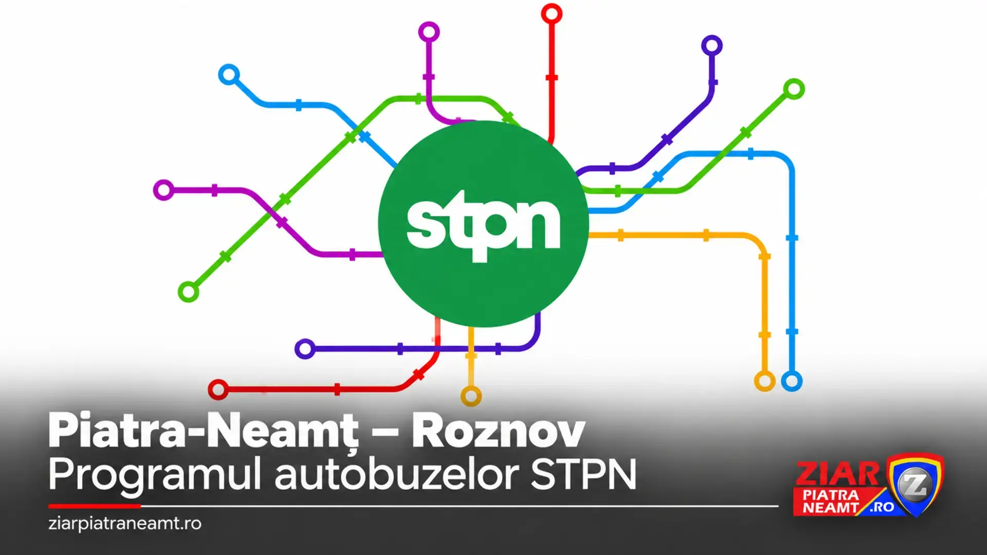 Programul autobuzelor STPN pe ruta Piatra-Neamț–Roznov, cu sigla operatorului și grafica Ziar Piatra-Neamț