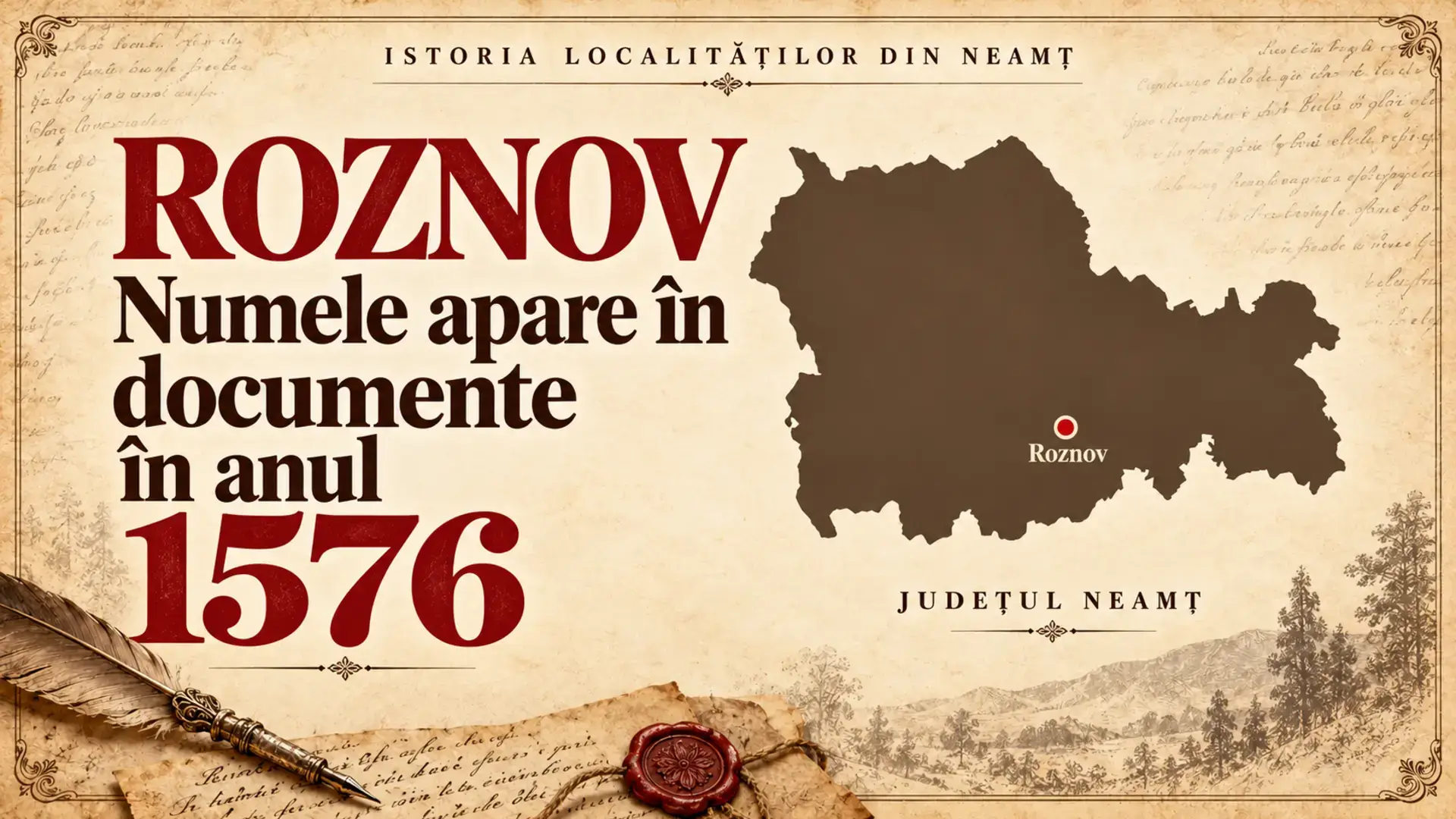 Copertă istorică despre Roznov, cu harta județului Neamț și un punct pentru Roznov.