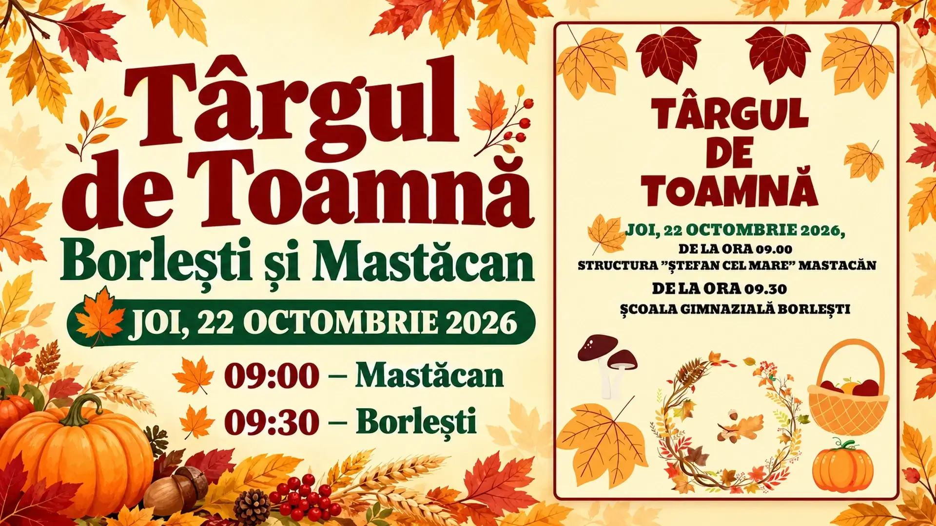 Copertă cu afișul Târgului de Toamnă din Borlești și Mastăcan, 22 octombrie 2026, cu programul de la orele 09:00 și 09:30