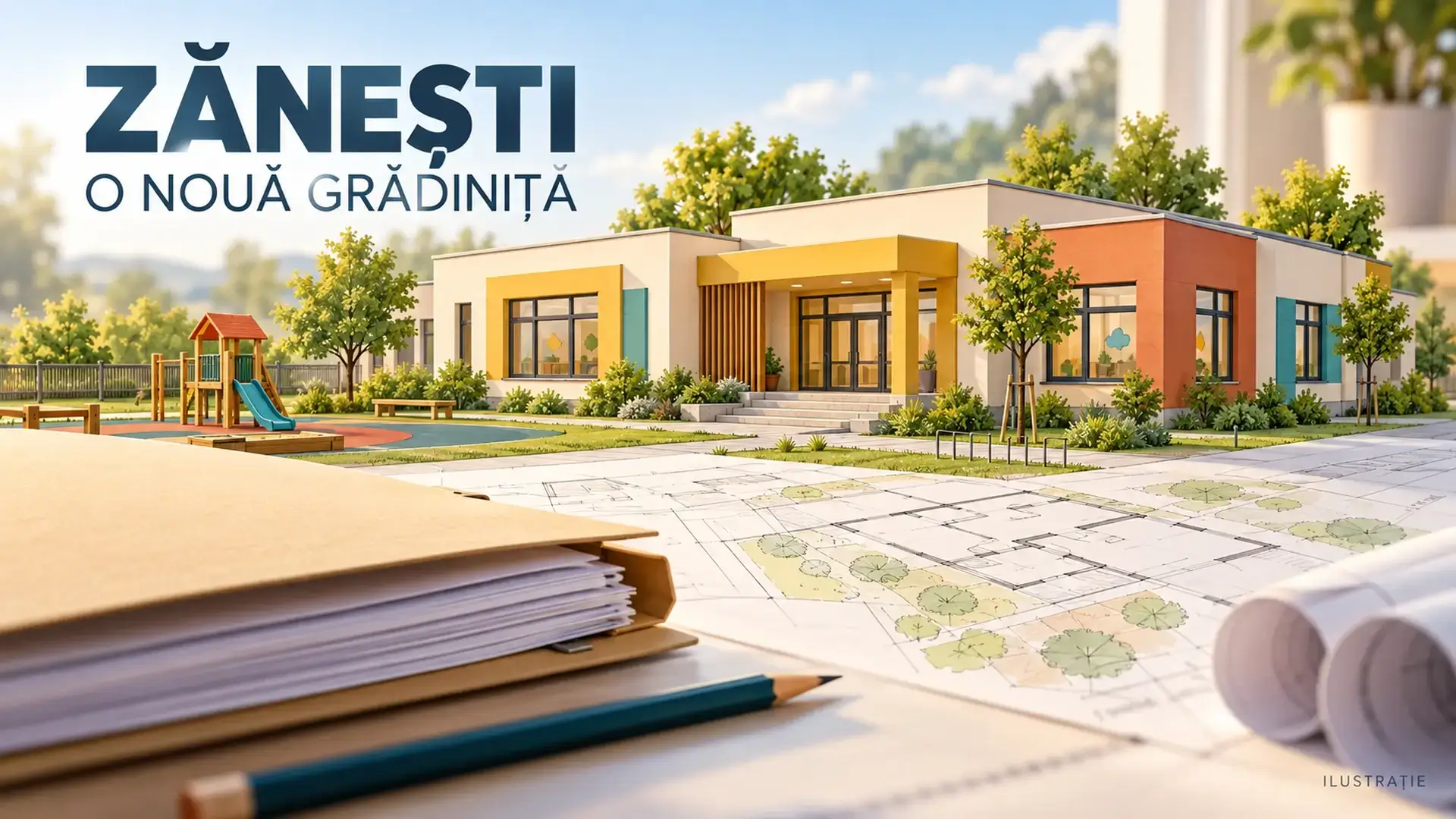 Ilustrație conceptuală despre noua grădiniță din Zănești, cu o clădire parter, spațiu de joacă și documente de proiectare