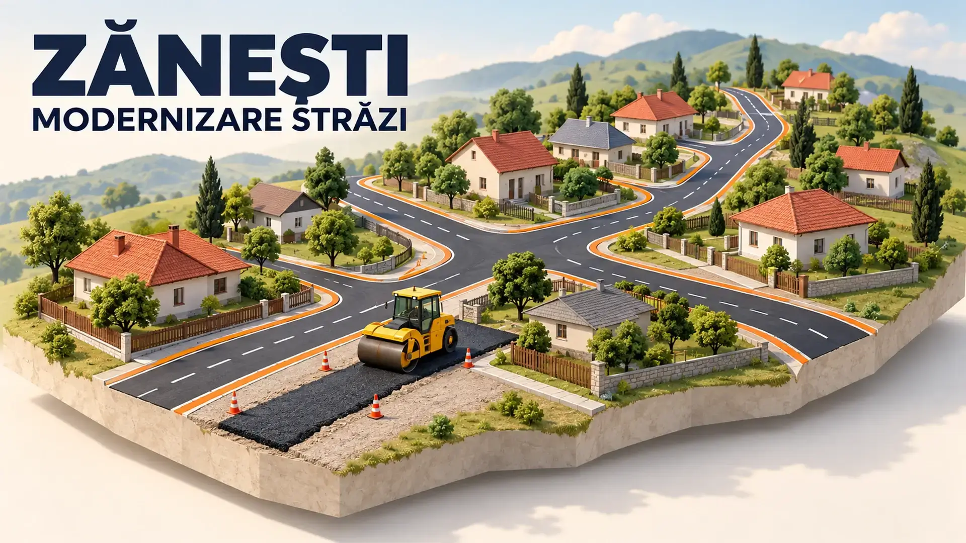 Ilustrație schematică despre modernizarea străzilor din Zănești, cu drumuri și un utilaj de asfaltare